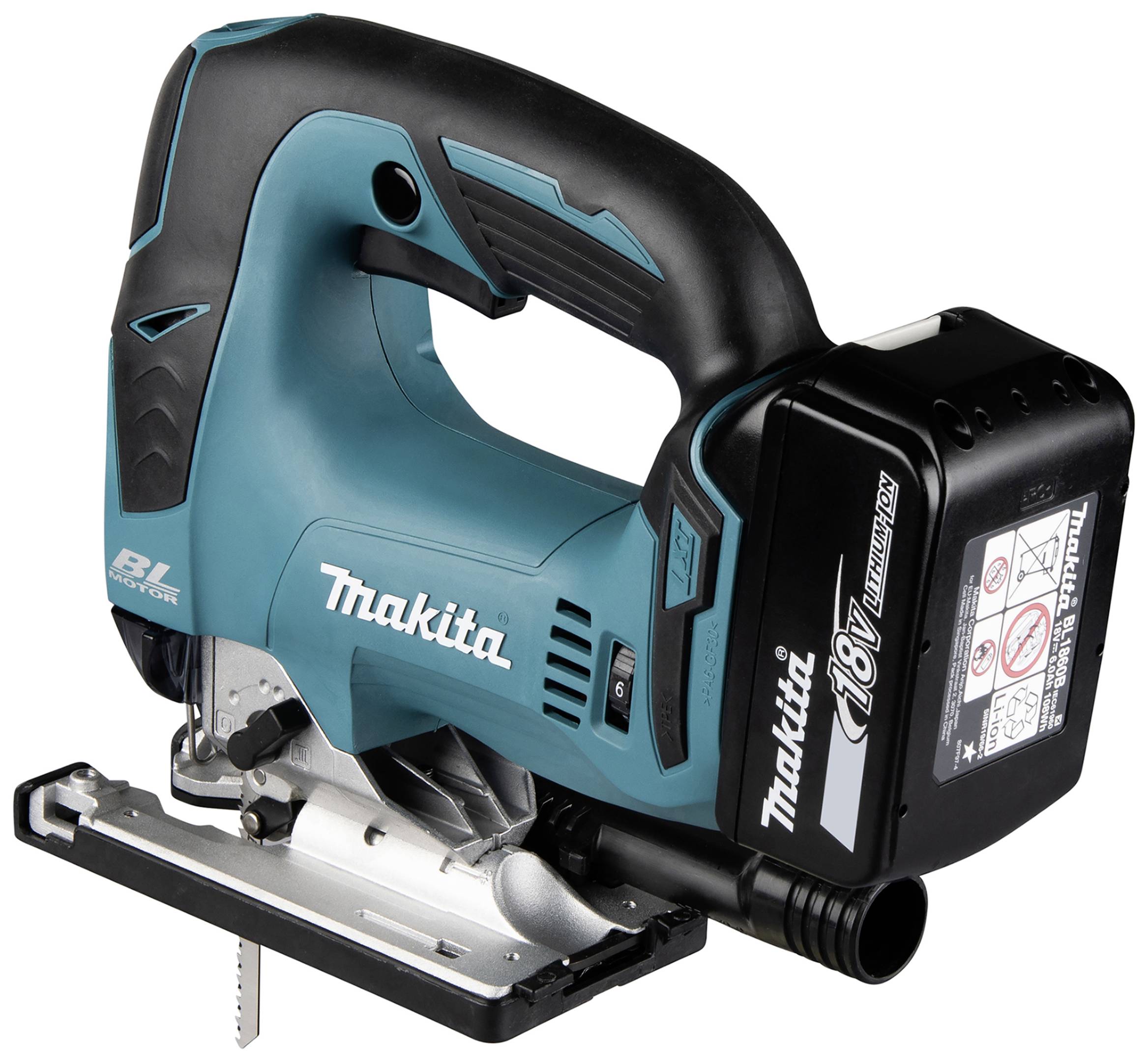 Kabellose Makita Stichsäge mit 18V Akku und ergonomischem Griff. Geeignet für präzise Schnitte in verschiedenen Materialien.