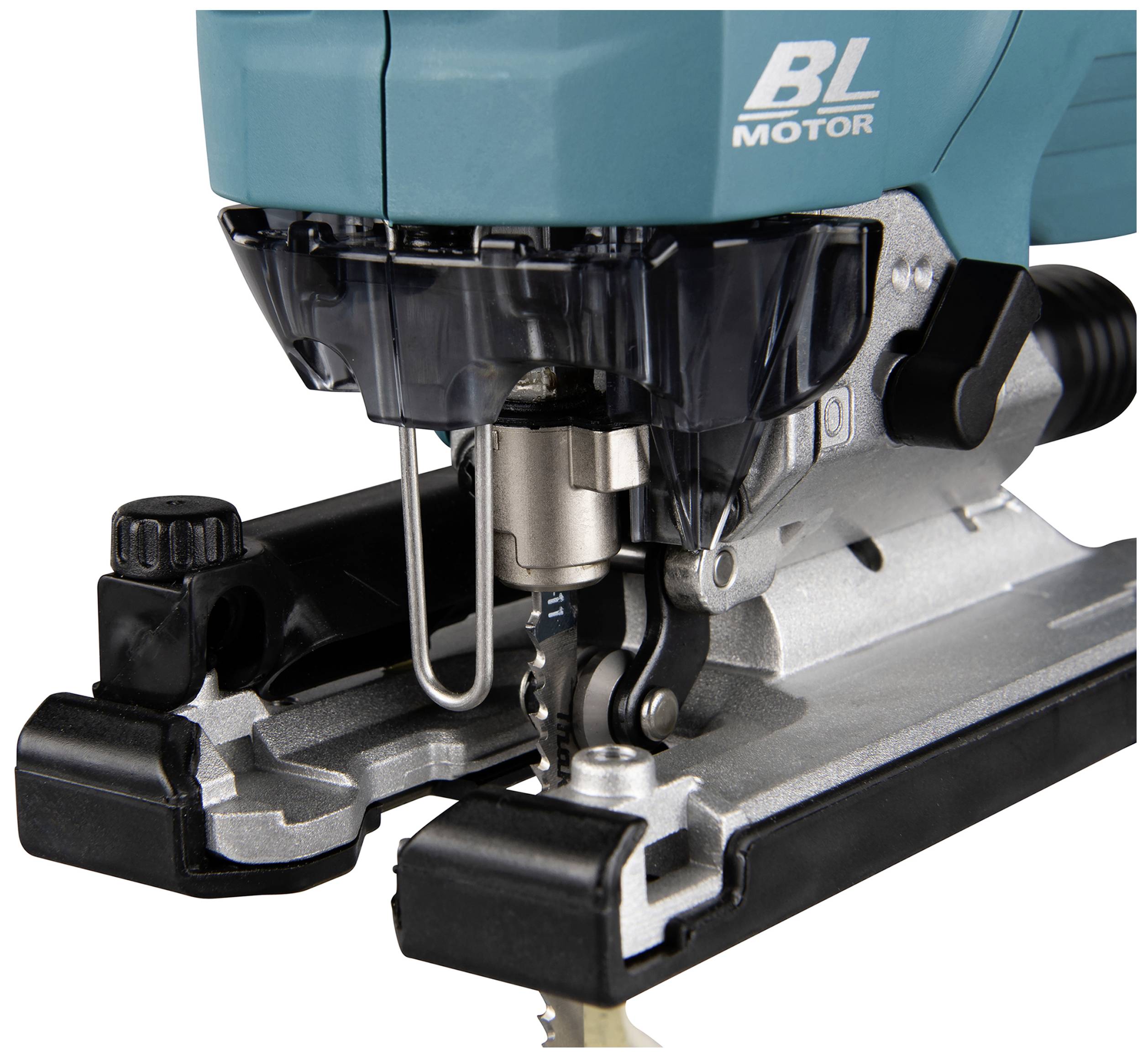 Elektrische Stichsäge mit einem blauen Gehäuse, schwarzem Griff und einem metallischen Sockel. Sie zeigt den Sägeblattmechanismus.