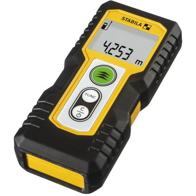 Digitaler Laser-Entfernungsmesser mit Displayanzeige von '4,253 m'. Schwarzes und gelbes Gehäuse mit Bedienknöpfen.