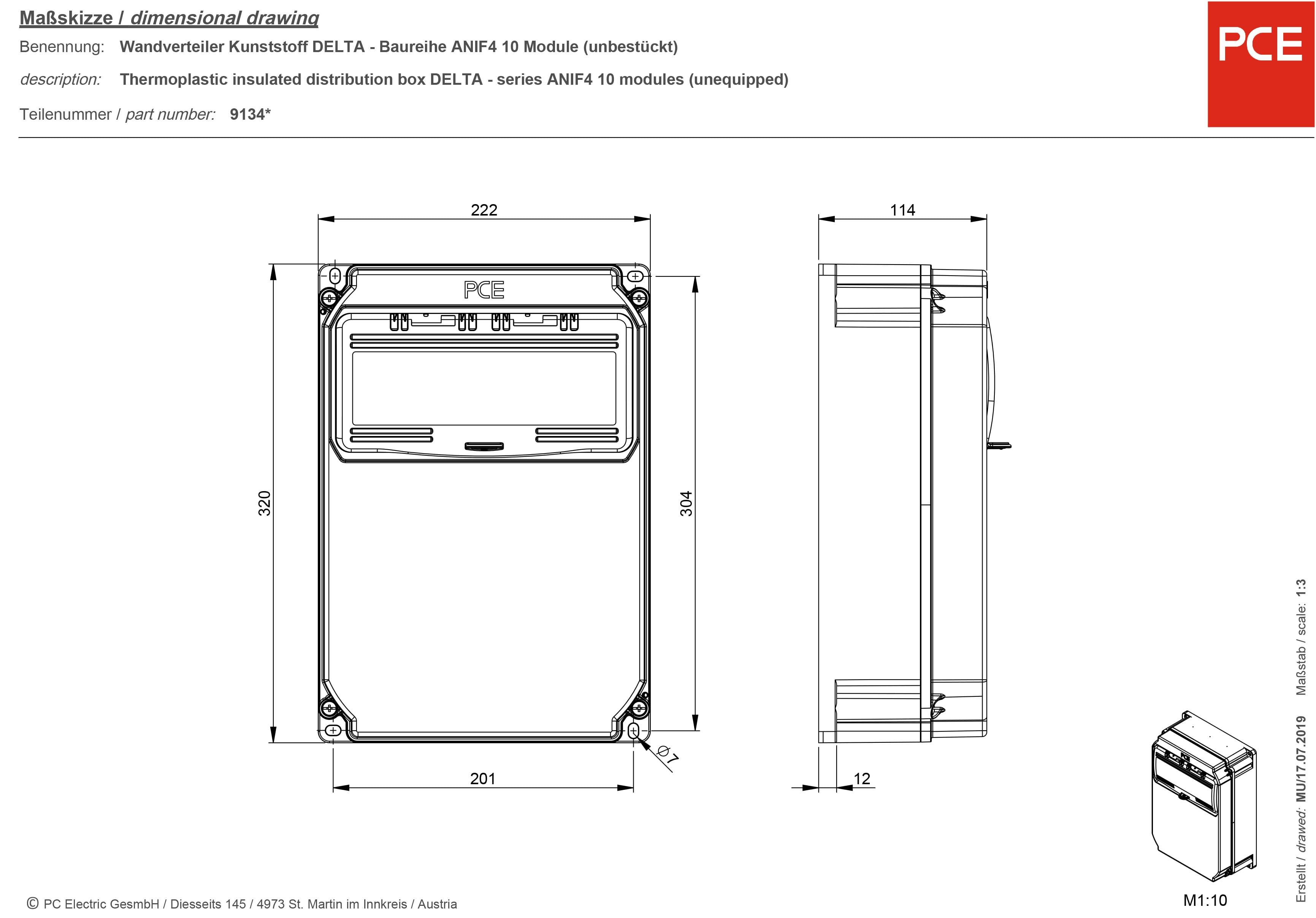 'Maßskizze eines Wandverteilers aus Kunststoff der Serie DELTA mit 10 Modulen, unbestückt. Vorder- und Seitenansicht mit Bemaßungen.'