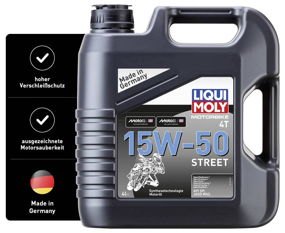 'Liqui Moly Motoröl 15W-50 Street', schwarzer 4-Liter-Kanister. Ausgezeichnet für hohen Verschleißschutz und Motorsauberkeit. Made in Germany.
