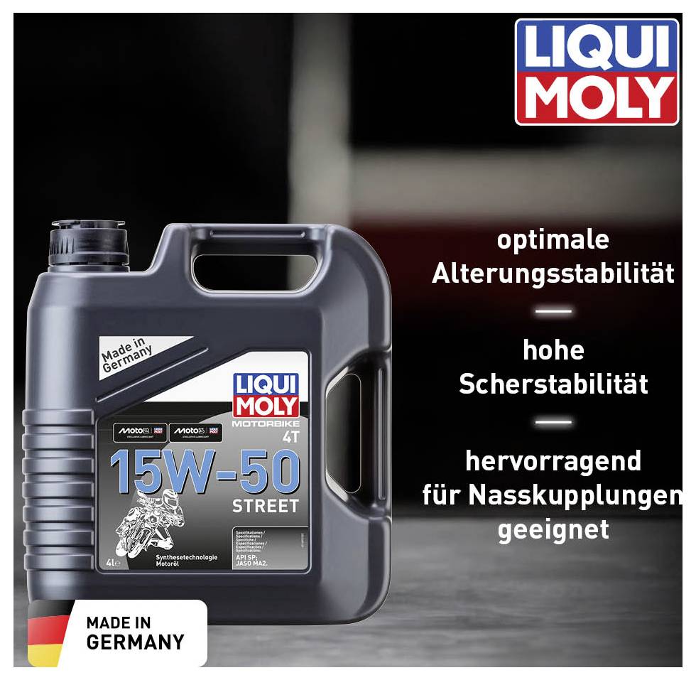 'LIQUI MOLY 15W-50 Street Ölflasche. Made in Germany. Optimale Alterungsstabilität, hohe Scherstabilität, für Nasskupplungen geeignet.'