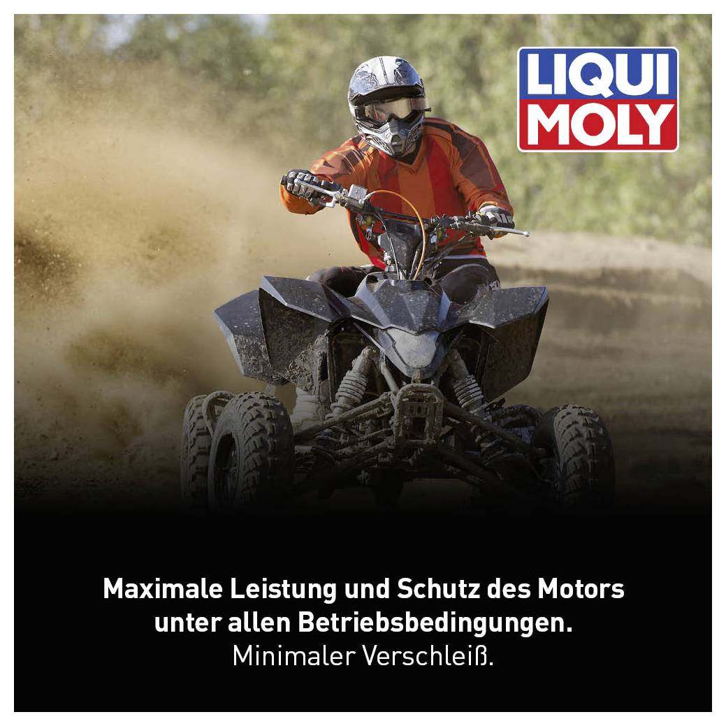 Ein Fahrer auf einem Quad fährt schnell über einen staubigen Weg. Oben rechts ist das Logo von Liqui Moly. Darunter steht: 'Maximale Leistung und Schutz des Motors unter allen Betriebsbedingungen. Minimaler Verschleiß.'