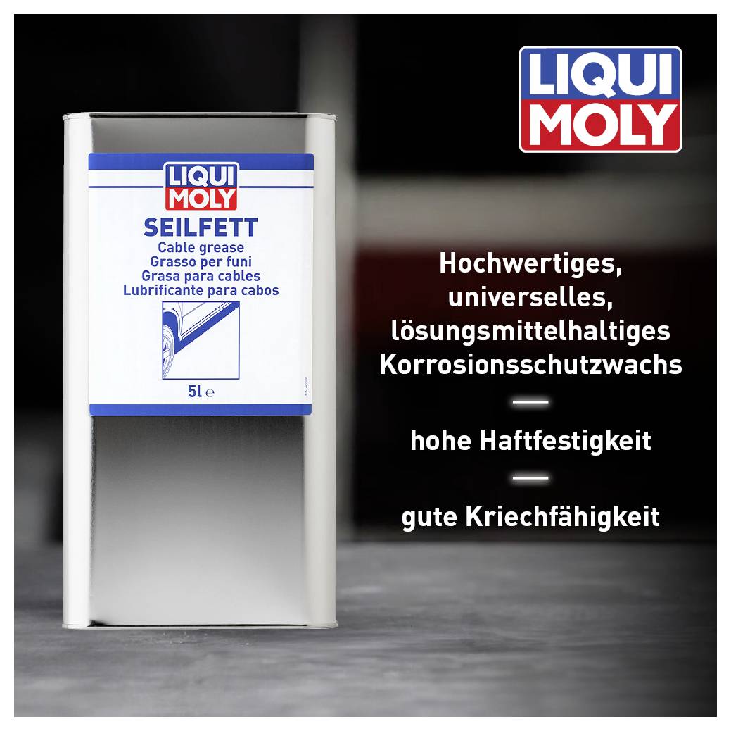 Kanister mit 'LIQUI MOLY Seilfett', 5 L. Text rechts: Hochwertiges, universelles, lösungsmittelhaltiges Korrosionsschutzwachs, hohe Haftfestigkeit, gute Kriechfähigkeit.