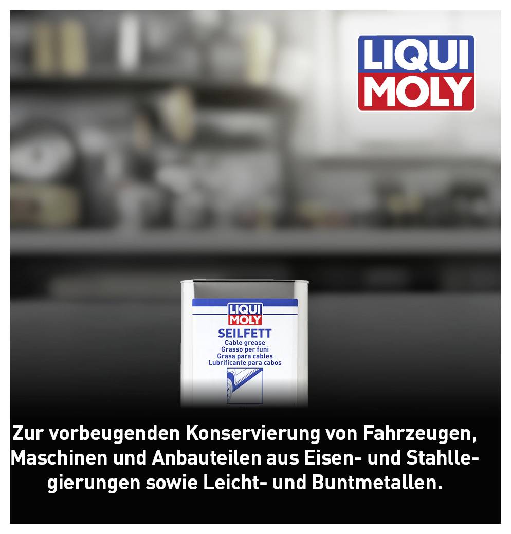 'Dose mit der Aufschrift "LIQUI MOLY Seilfett", empfohlen für den Schutz von Fahrzeugteilen und Maschinen aus verschiedenen Metallen.'