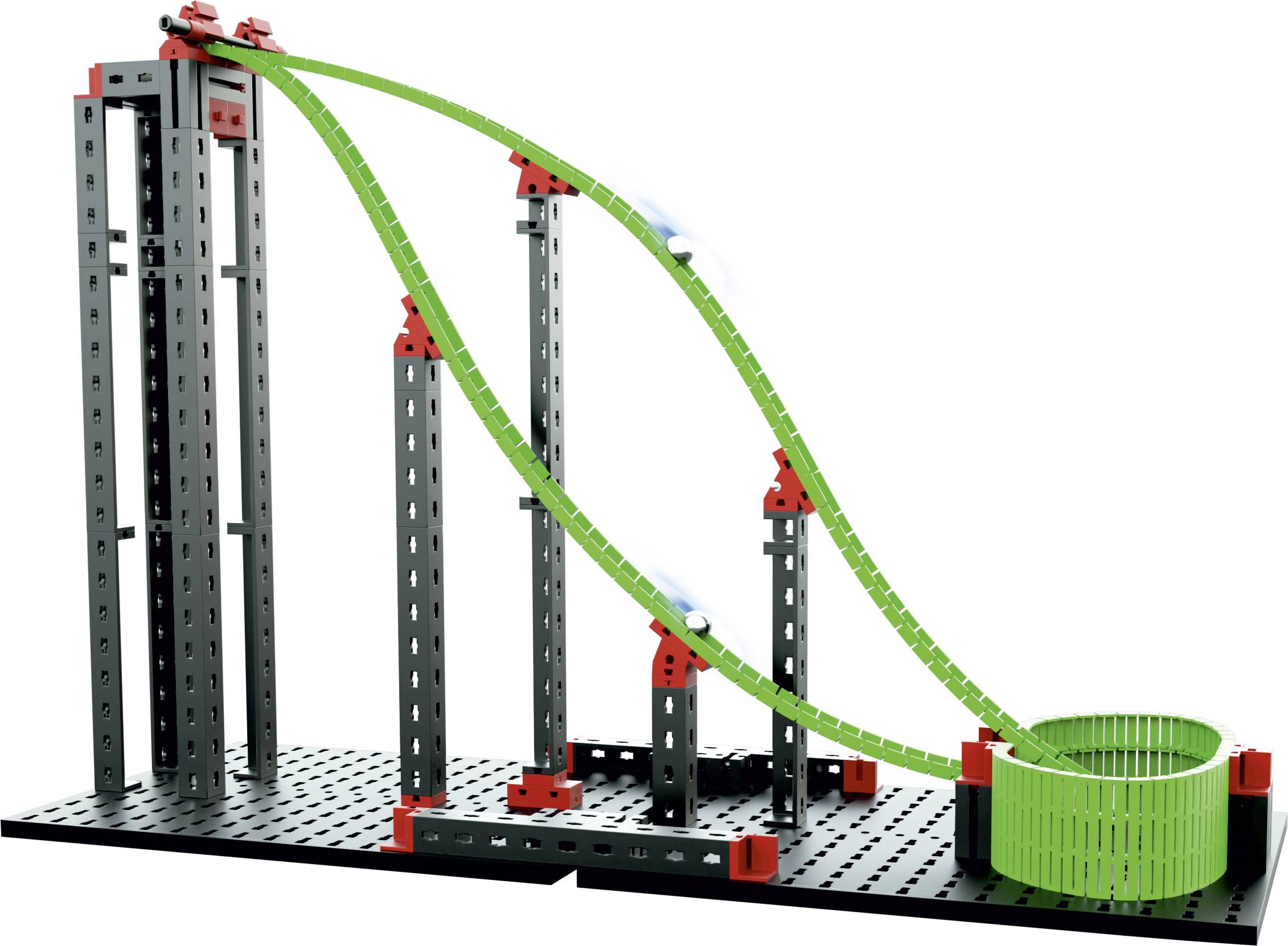 Ein Modell einer Achterbahn mit einem steilen Abhang und einer Loopingstrecke, aus grauen und roten Bauteilen konstruiert.