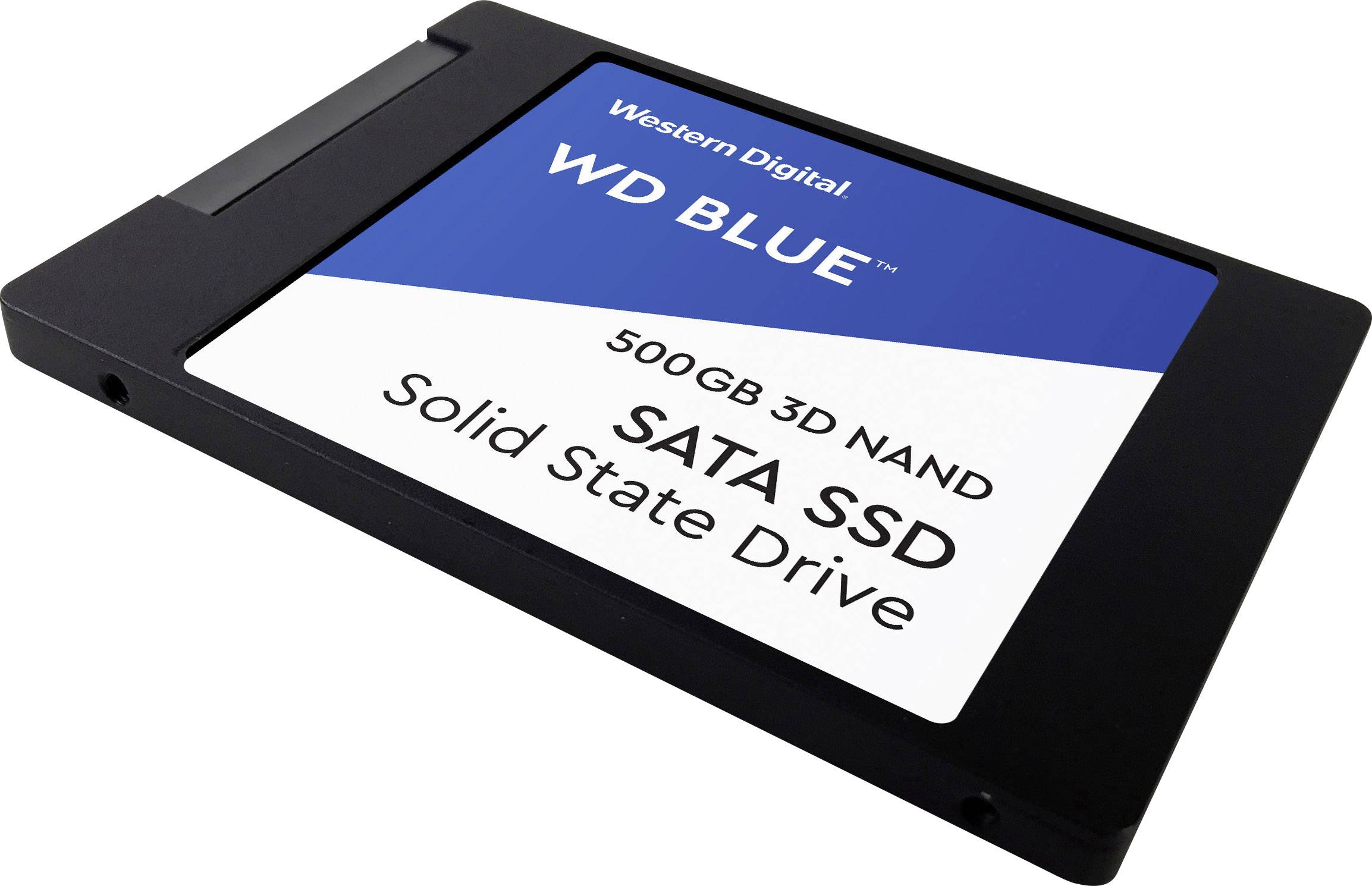 Eine schwarze Solid State Drive (SSD) mit einem blauen und weißen Etikett, auf dem 'WD Blue 500GB 3D NAND SATA SSD' steht.