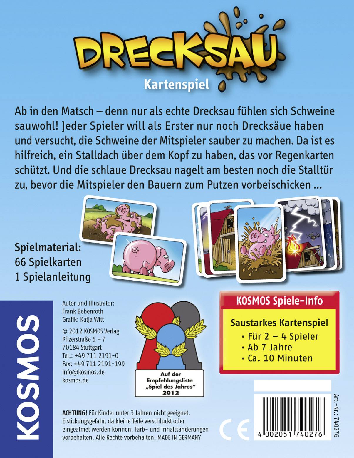 'Drecksau' Kartenspiel-Verpackung. Beschreibung des Spiels und Illustrationen. Für 2-4 Spieler ab 7 Jahren, Spieldauer ca. 10 Minuten.