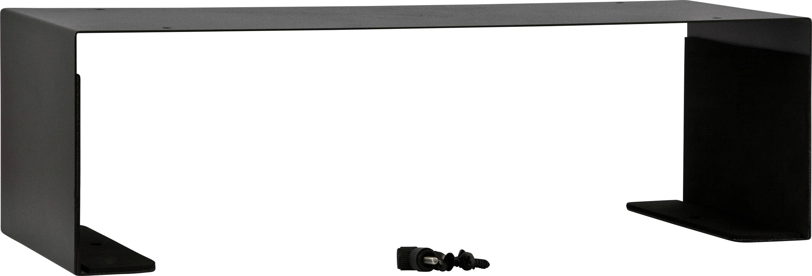 Ein schwarzes, rechteckiges Metallgehäuse mit einer Befestigungsschraube darunter. Es scheint ein Montagerahmen oder eine Halterung zu sein.