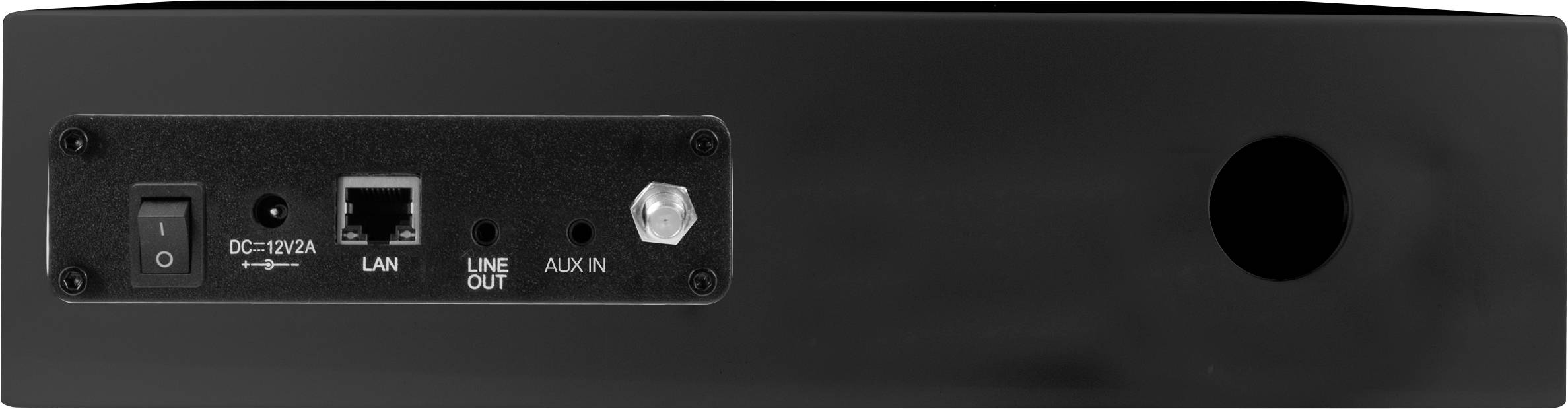Rückseite eines Audiogeräts mit Ein-/Ausschalter, Netzanschluss, LAN-Port, Line-Out und AUX-In Anschlüssen.
