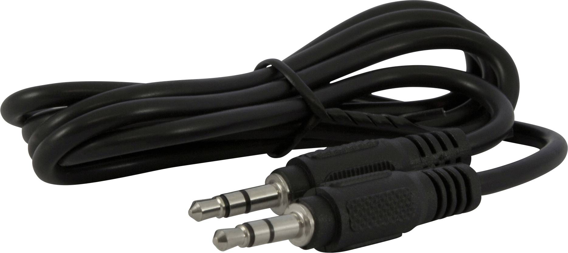Schwarzes Audiokabel mit zwei 3,5-mm-Steckern, verwendet für die Verbindung von Audioquellen wie Kopfhörern oder Lautsprechern.