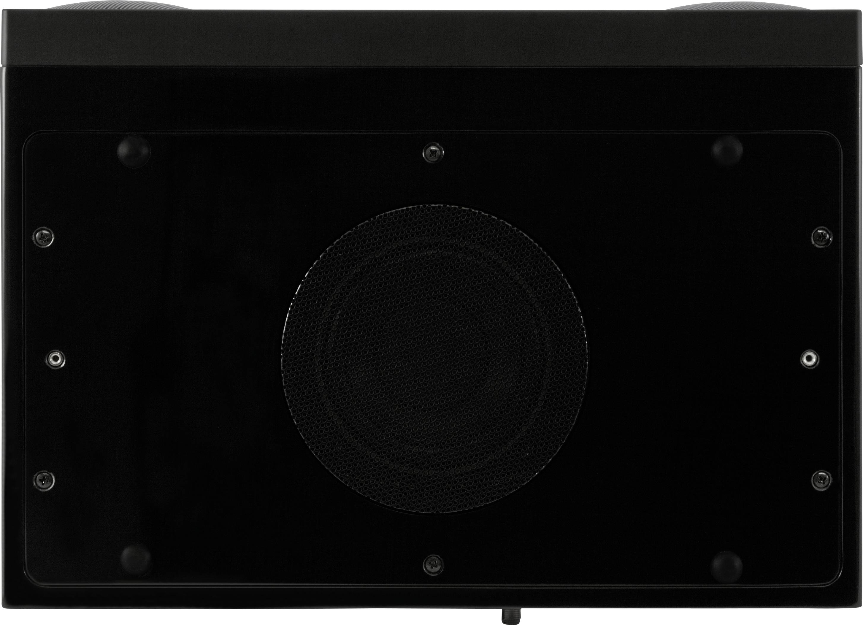 Schwarzer Lautsprecher mit zentralem Gitter auf einer rechteckigen Frontplatte, befestigt mit zahlreichen sichtbaren Schrauben.