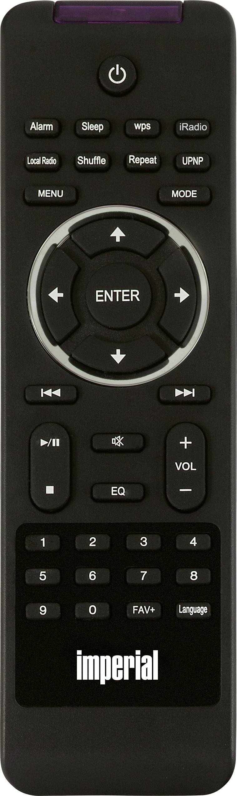 Schwarze Fernbedienung mit Tasten für Lautstärke, Kanalwahl, Wiedergabe und Menüführung. Oben befindet sich die Power-Taste.