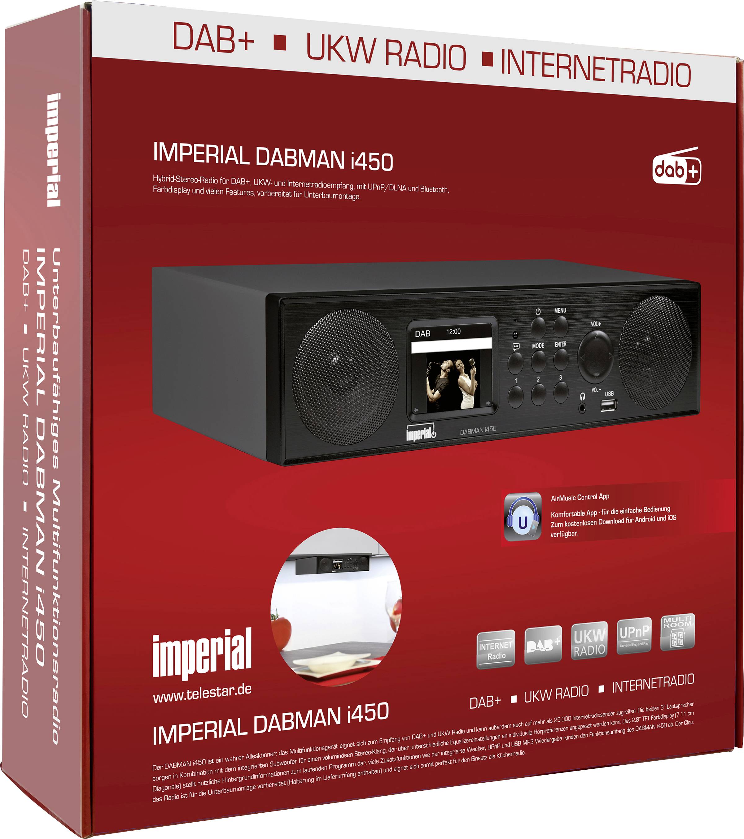 Verpackung eines IMPERIAL DABMAN i450 Radios. Funktionen: DAB+, UKW, Internetradio. Abgebildet: Radio mit Lautsprechern und Display.