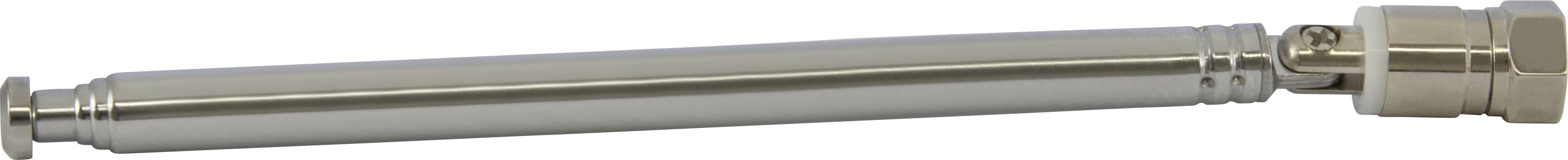 Eine silberne, teleskopartige Metallstange mit einem Schraubgewinde am Ende. Sie ist glatt und gleichmäßig geformt.