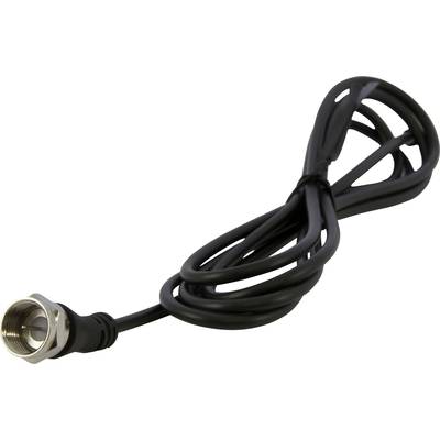 Ein schwarzes Koaxialkabel mit einem Metallstecker, geeignet für TV- oder Antennenverbindungen. Kabel ist aufgerollt.