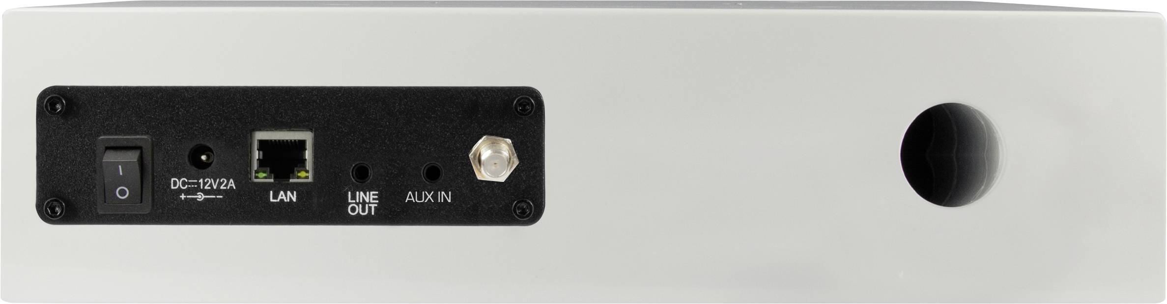 Rückseite eines elektronischen Geräts mit Anschlüssen: Netzschalter, Stromanschluss, LAN-Port, Line-Out, Aux-In und eine runde Lüftungsöffnung.