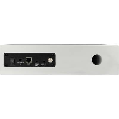 Rückseite eines elektronischen Geräts mit Anschlüssen: Netzschalter, Stromanschluss, LAN-Port, Line-Out, Aux-In und eine runde Lüftungsöffnung.