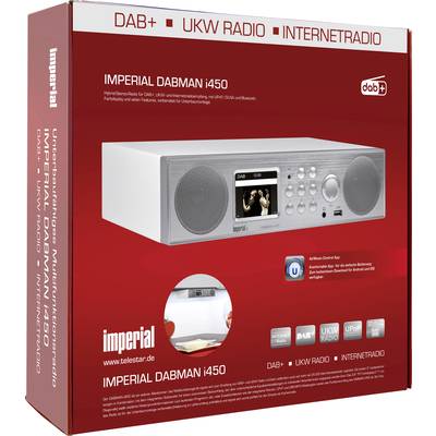 Rote Verpackung eines 'Imperial Dabman i450' Radios mit DAB+, UKW, Internetradio. Bild des Geräts und Spezifikationen sichtbar.