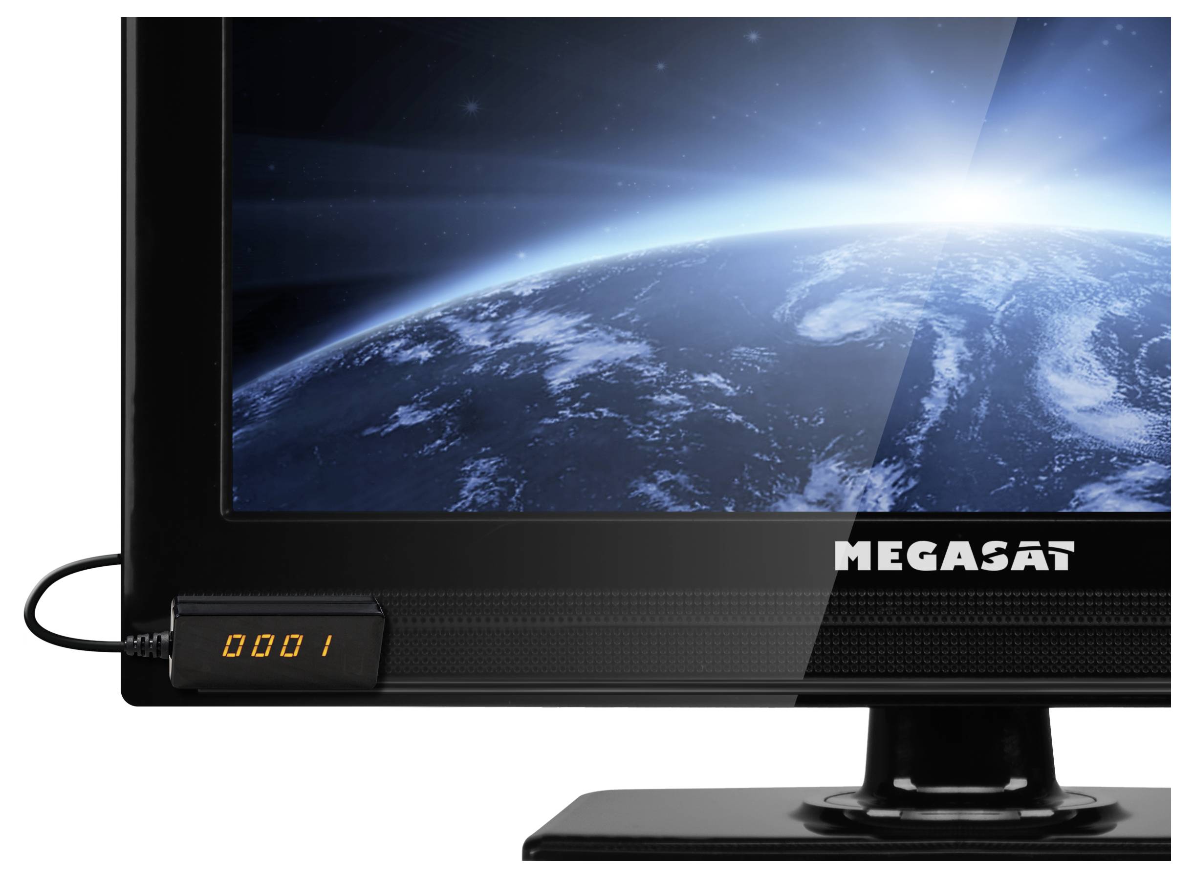 Ein Fernsehbildschirm zeigt ein Bild der Erde aus dem Weltraum, wobei der Markenname 'MEGASAT' in der unteren rechten Ecke sichtbar ist.