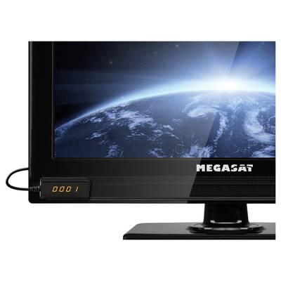 Ein Fernsehbildschirm zeigt ein Bild der Erde aus dem Weltraum, wobei der Markenname 'MEGASAT' in der unteren rechten Ecke sichtbar ist.