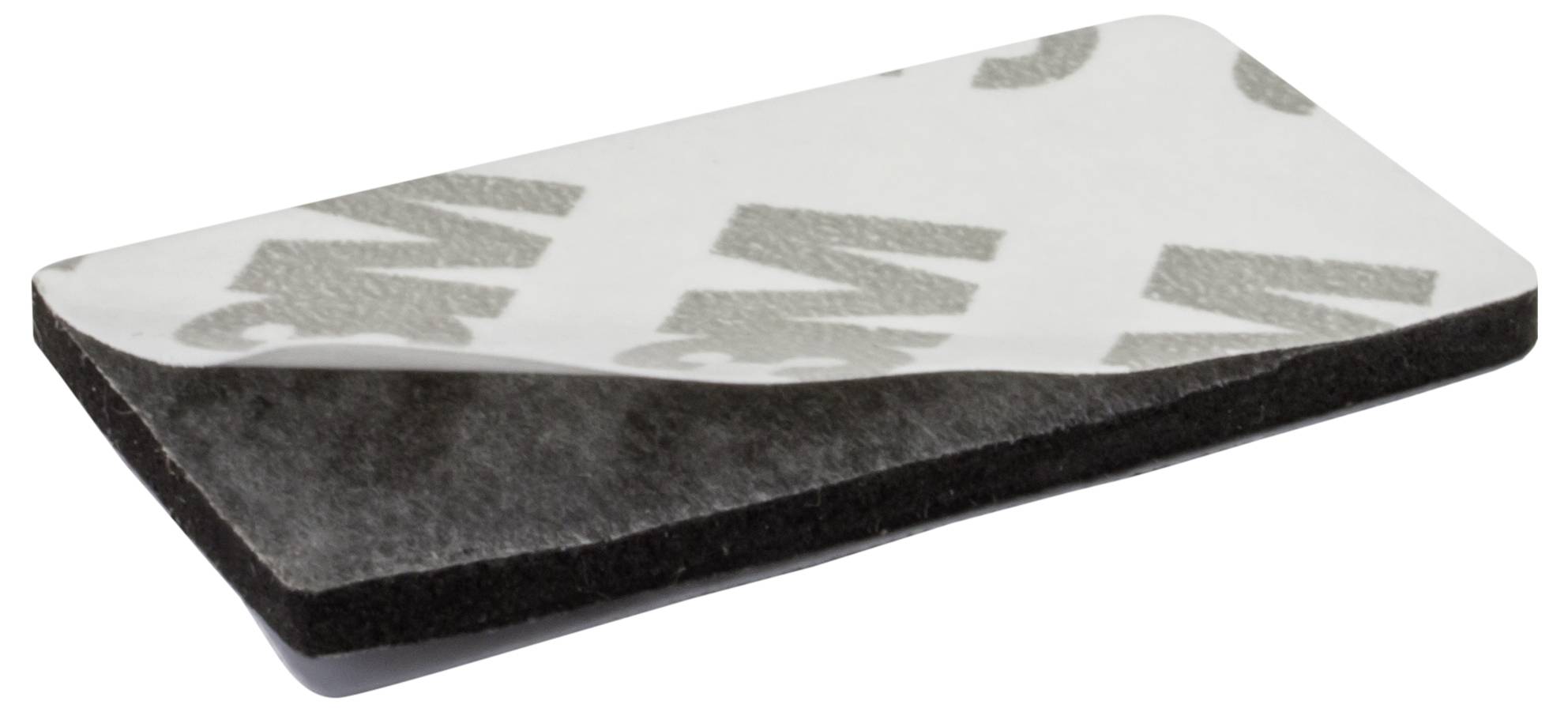 Rechteckiges Haftschaumpads mit einer abgezogenen Ecke, die die darunter liegende Klebefläche freilegt. Das Pad trägt ein Logo-Muster von '3M'.