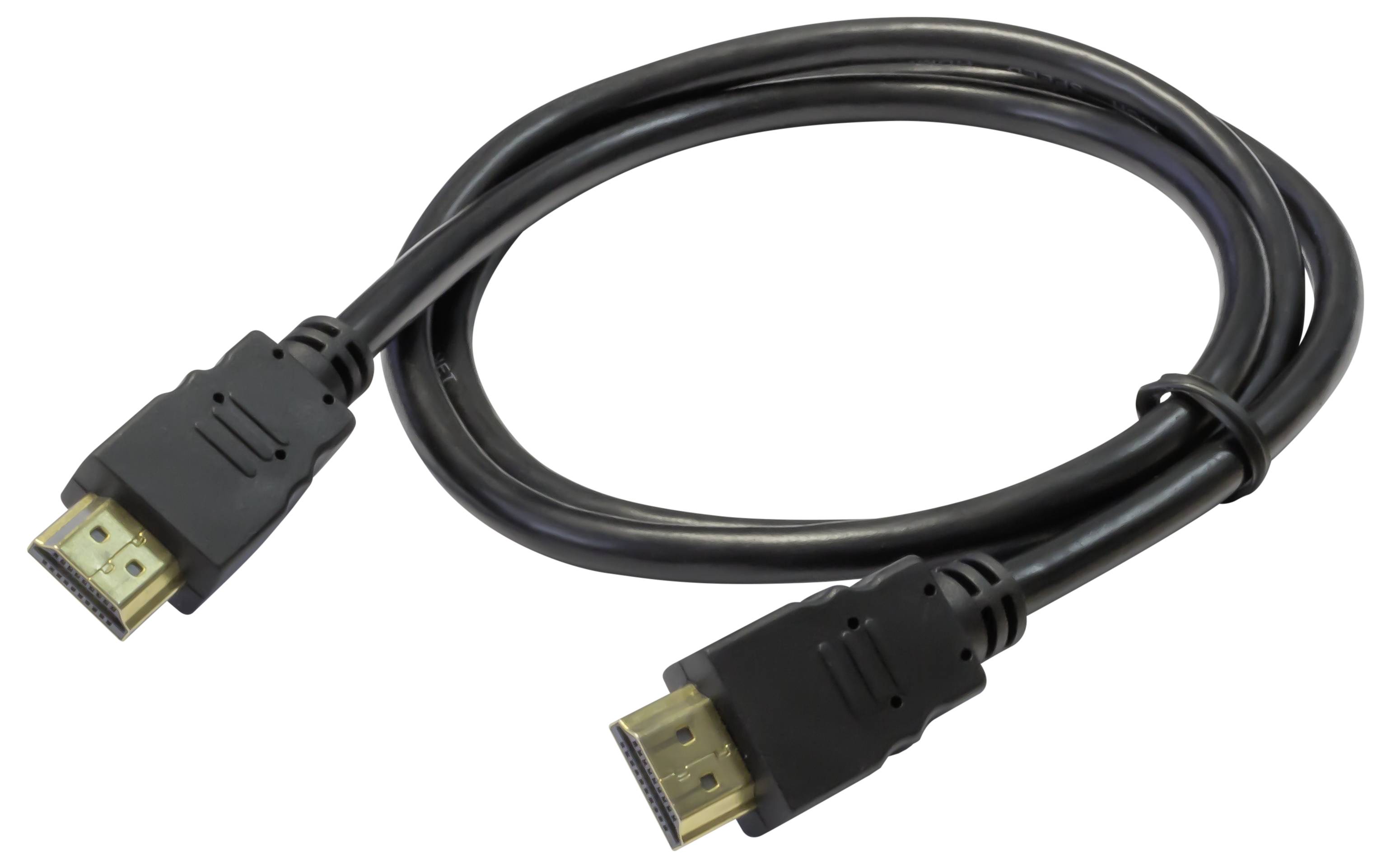 Ein schwarzes HDMI-Kabel mit vergoldeten Anschlüssen an beiden Enden, aufgewickelt, wobei ein Anschluss nahe der Mitte der Schleife platziert ist.