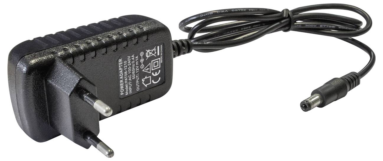 Ein schwarzes Netzteil mit einem europäischen Stecker, verbunden mit einem langen schwarzen Kabel, geeignet zum Aufladen verschiedener elektronischer Geräte.