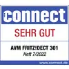 Das Bild zeigt das Connect-Logo mit Bewertung 'SEHR GUT' für AVM FRITZ!DECT 301, Heft 7/2022. Website www.connect.de.
