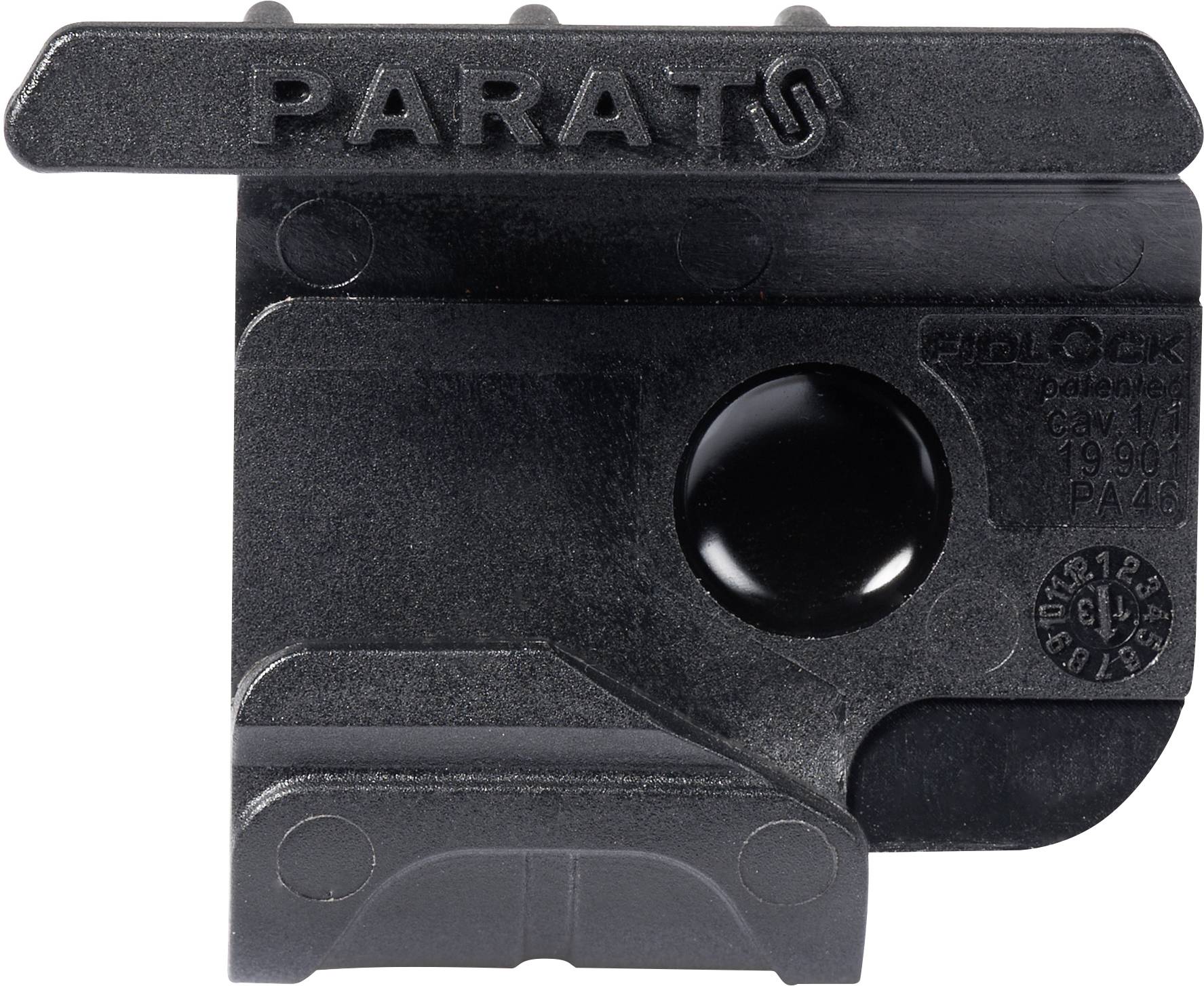Schwarzes Schloss mit der Aufschrift 'PARATO', seitliche Ansicht, zeigt Verriegelungsmechanismus und runde Taste, industrielles Design.