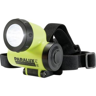 Gelbe Stirnlampe mit schwarzem Band, seitlich gezeigt. Die Aufschrift auf der Lampe lautet 'PARALUX CERTIFIED LIGHTING HL-P1'.