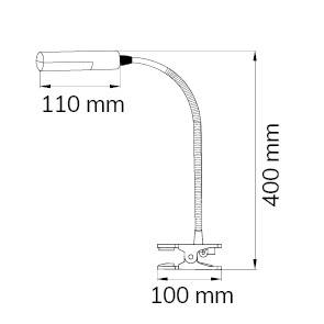 Abbildung einer verstellbaren Lampe mit Maßen: 110 mm Länge, 100 mm Bodenbreite, 400 mm Höhe. Flexibler Arm, Klemme unten.