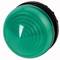 Grüner runder Knopf in Nahaufnahme, möglicherweise ein Druckknopf für eine Maschine oder ein Gerät.