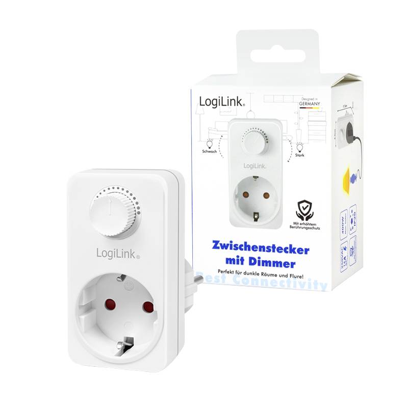 Steckdose mit Dimmer-Funktion von LogiLink, geeignet für dunkle Räume. Auf Verpackung stehen Markenname und Basisinformationen.