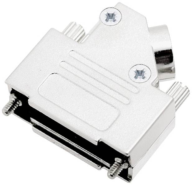 Metall-Steckergehäuse mit zwei Schrauben an den Seiten, verwendet zur Befestigung und zum Schutz von elektronischen Verbindungen.