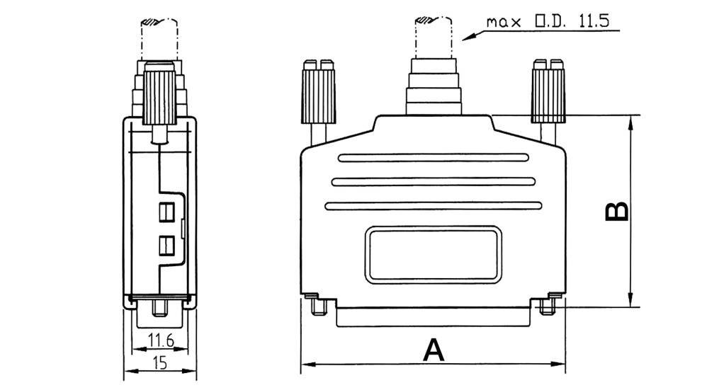 Technische Zeichnung eines Steckverbinders mit Maßen: Breite 'A', Höhe 'B', max. Kabeldurchmesser 11,5 mm, seitliche Ansicht zeigt 11,6 mm Breite.