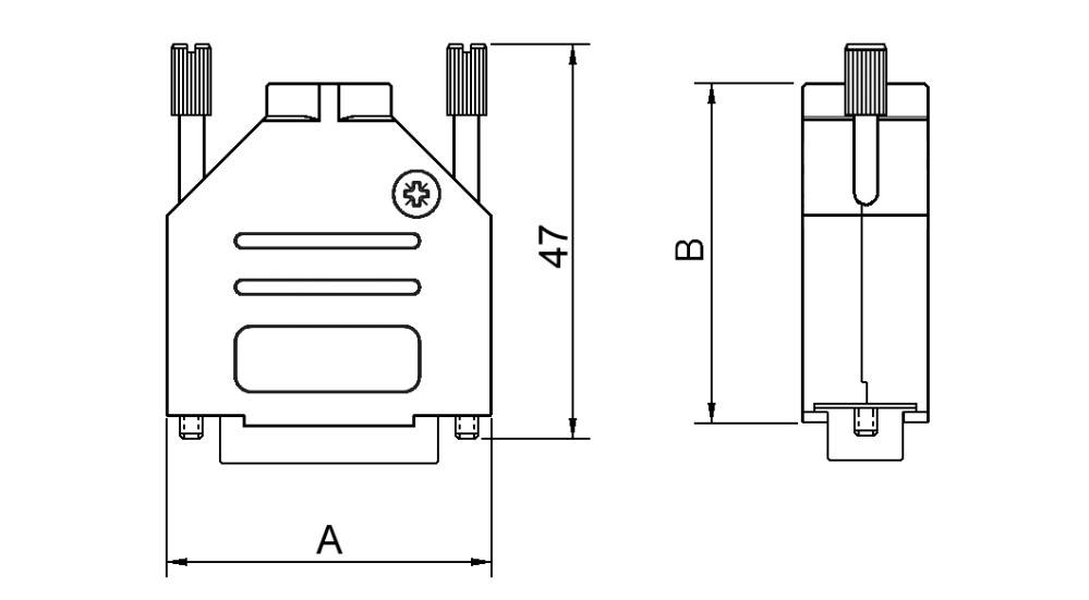 Technische Zeichnung eines Steckverbinders mit zwei Ansichten, Vorder- und Seitenansicht. Maße sind mit 'A' und 'B' gekennzeichnet.