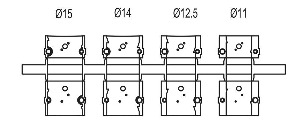 Technische Zeichnung von vier Maschinenmodulen mit den Durchmessern: Ø15, Ø14, Ø12.5, Ø11, die in Reihe verbunden sind.