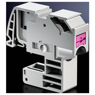Ein silbergraues, mechanisches Bauteil mit mehreren Hohlräumen und einem pinkfarbenen Akzent im oberen rechten Bereich.