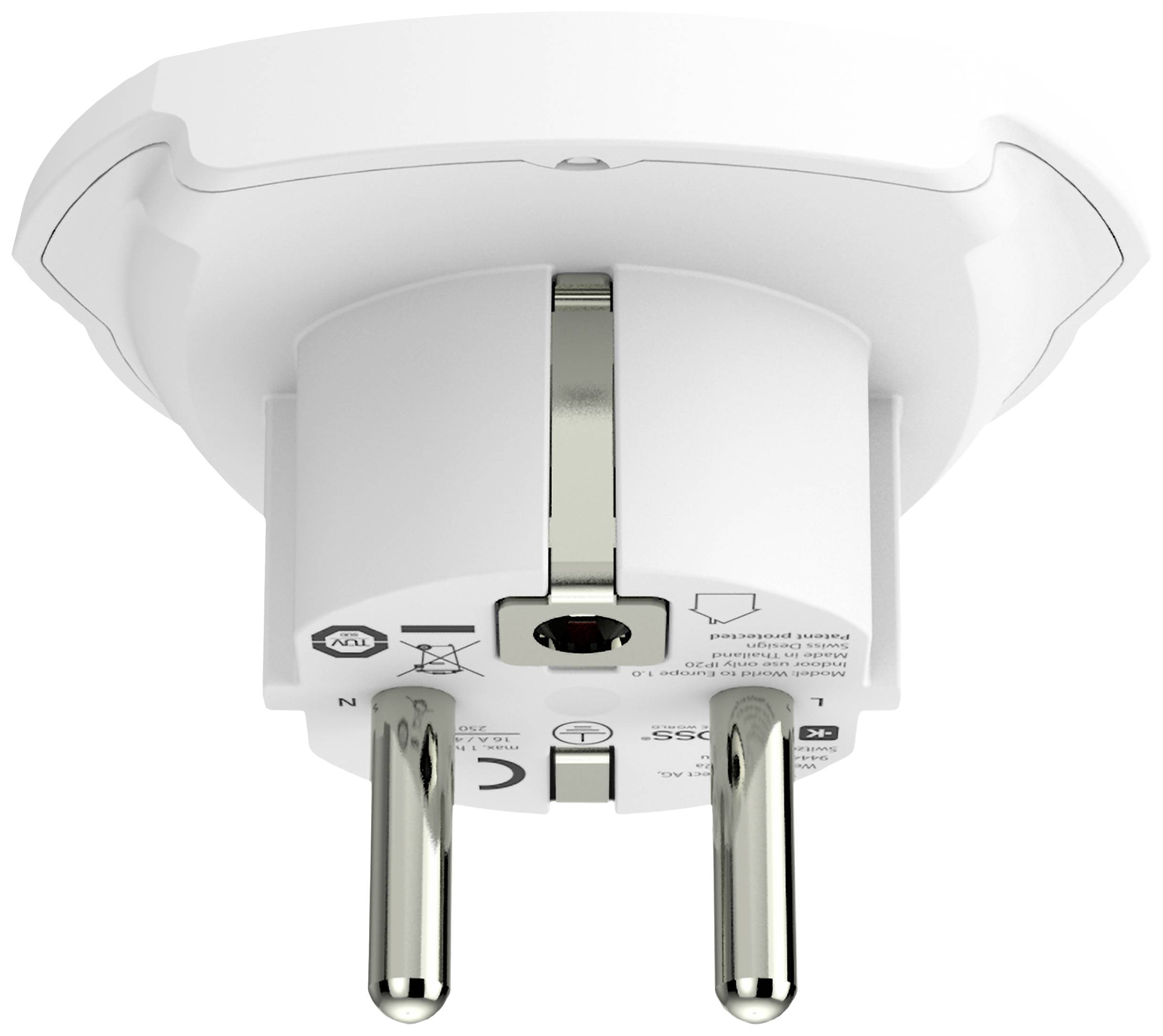 Ein weißer Steckdosenadapter mit europäischem Stecker, markiert mit verschiedenen Sicherheits- und Stromsymbolen.