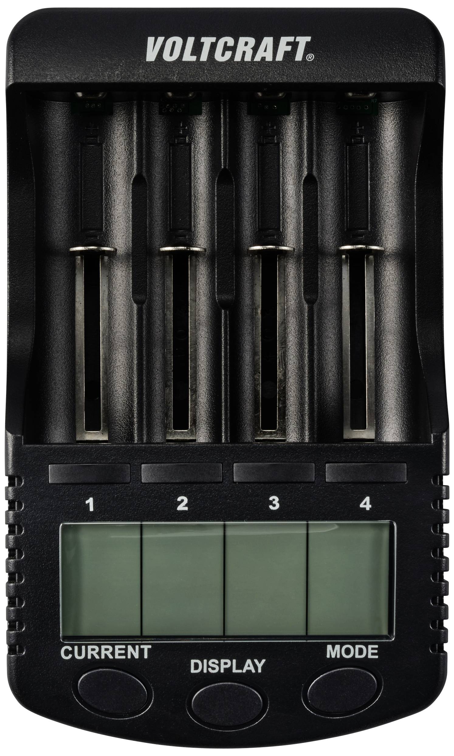 Batterieladegerät mit vier Schächten und digitalem Display. Markenname 'Voltcraft' oben. Steuertasten 'Current', 'Display' und 'Mode'.