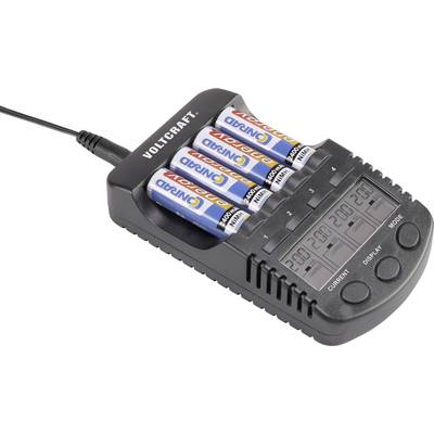 Vier AA-Akkus in einem VOLTCRAFT-Ladegerät mit Anzeige von 2,00 V je Akku. Tasten markieren 'Current', 'Display', 'Mode'.