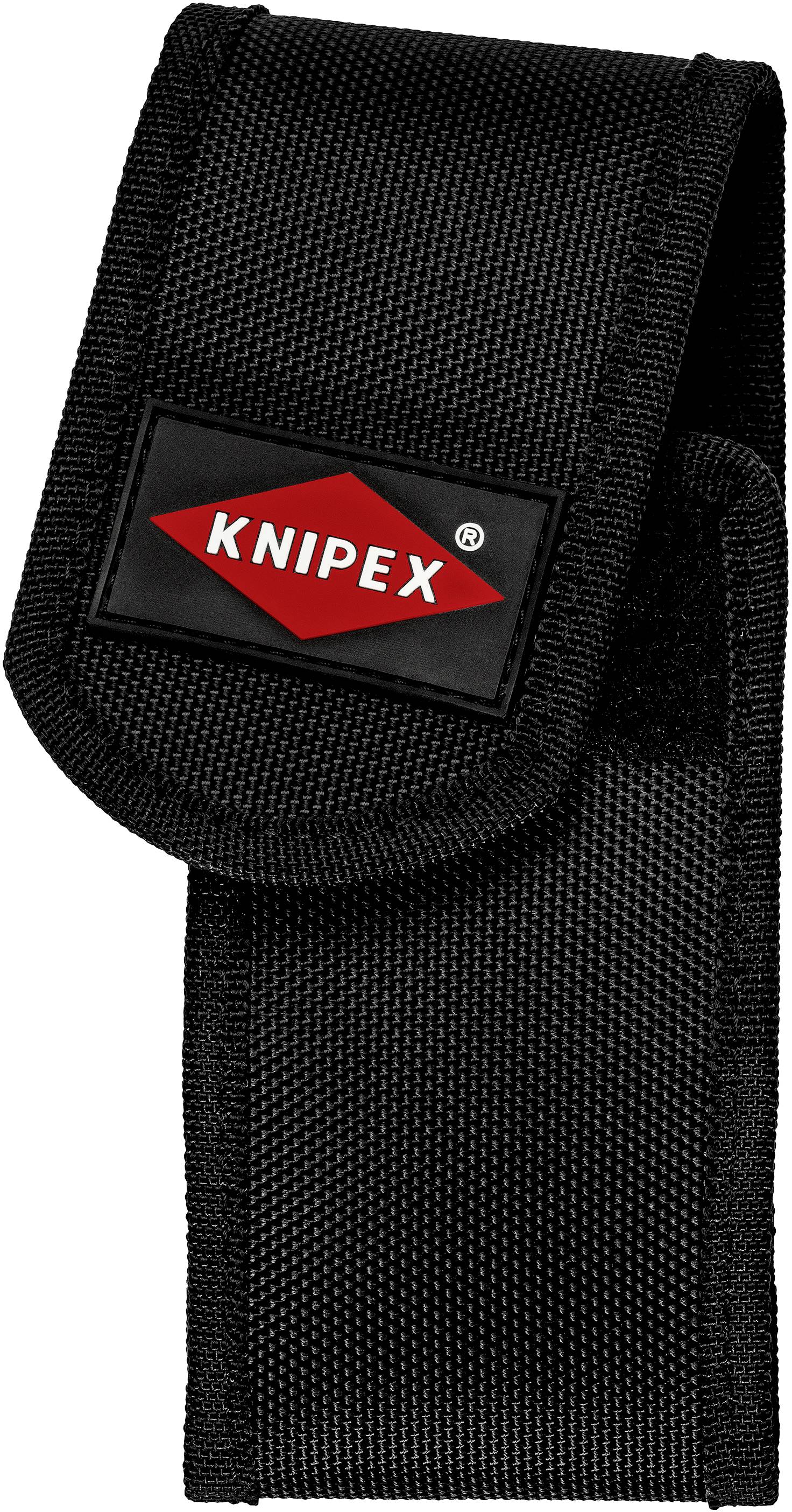 Schwarze Werkzeugtasche mit roten 'Knipex'-Logo auf der Klappe, geeignet zur Aufbewahrung von Zangen und anderen Handwerkzeugen.
