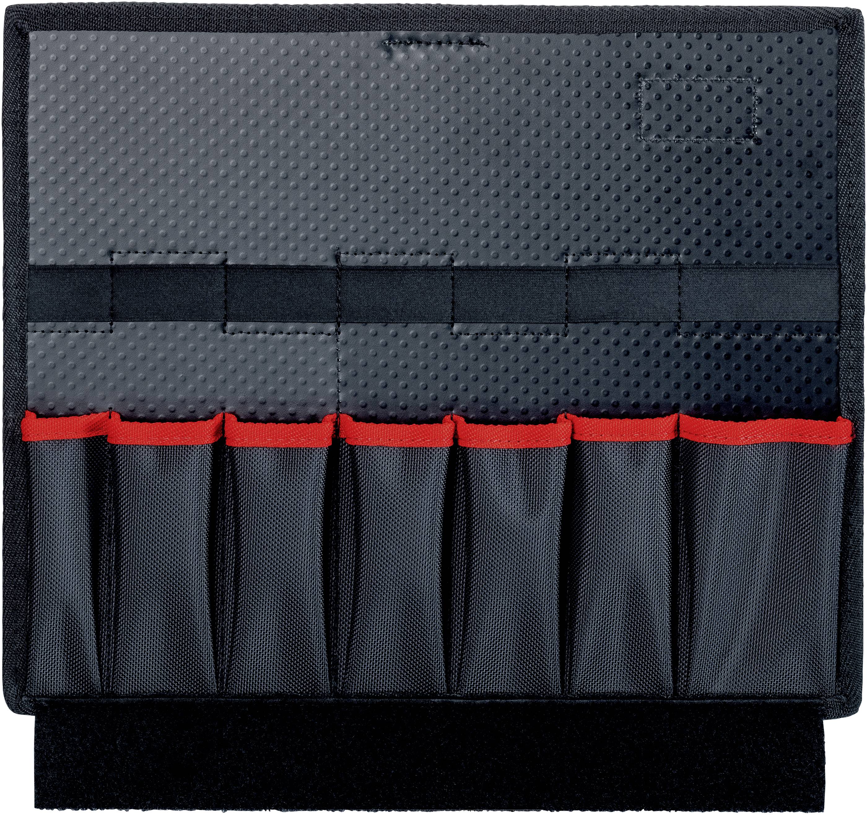 Eine schwarze Werkzeugtasche mit sechs Fächern, die mit rotem Besatz verstärkt sind.