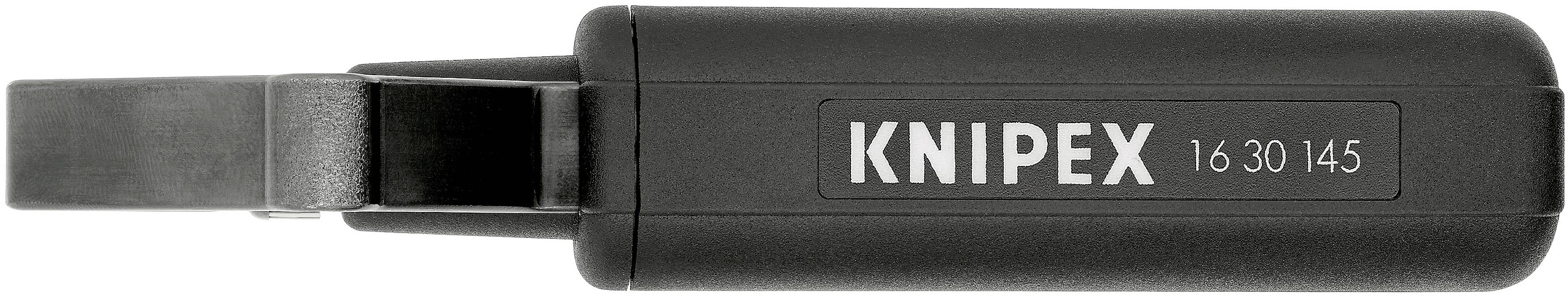 Ein schwarzes Werkzeug, ein KNIPEX-Abisolierer, von oben gesehen mit der Modellnummer '16 30 145' auf der Seite.