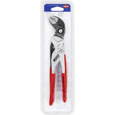 Eine verpackte Wasserpumpenzange von Knipex mit roten Griffen und verstellbarem Kiefermechanismus.
