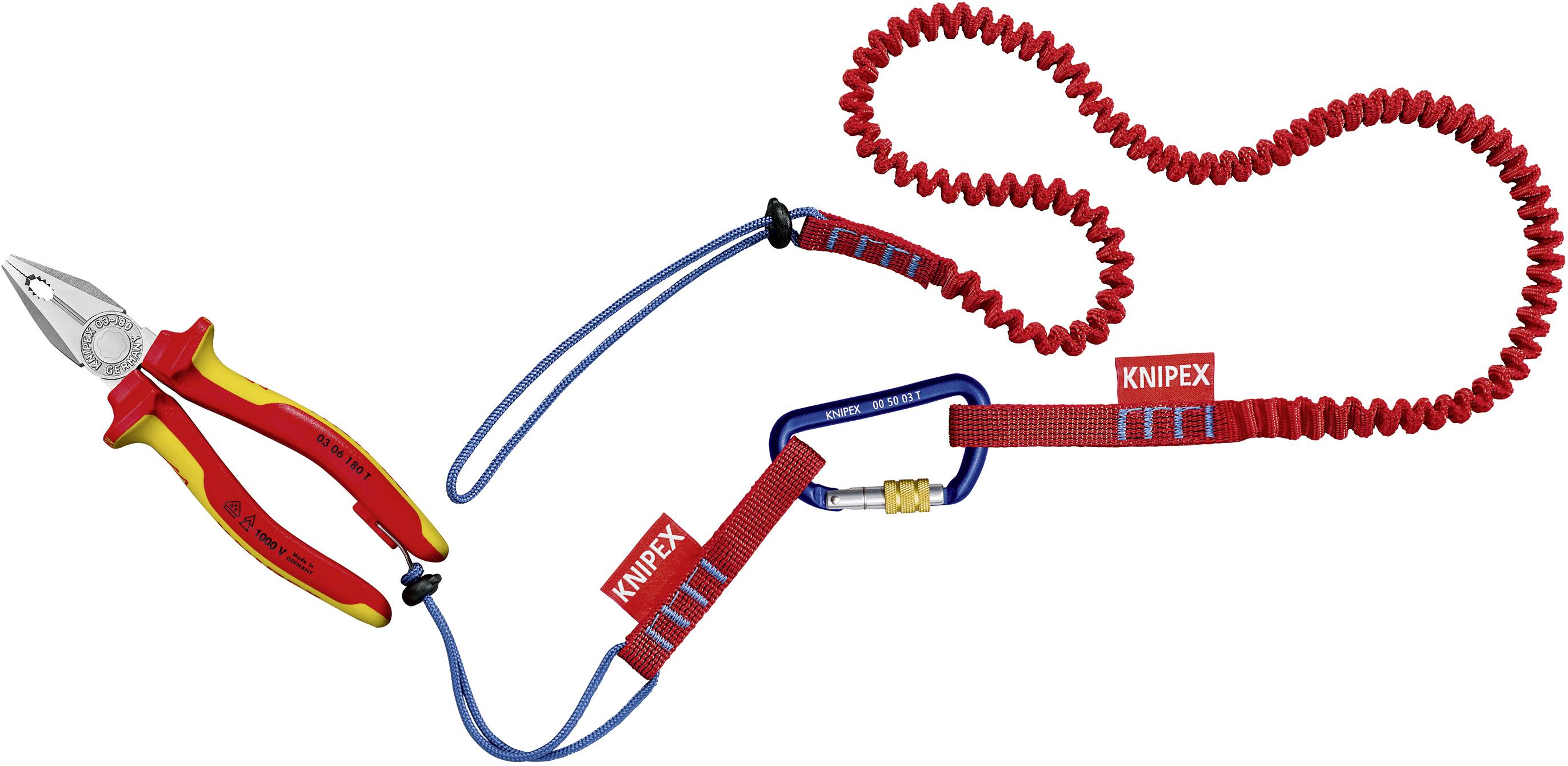 'Knipex' Zange mit Sicherheitsband und Karabinerhaken für Absturzsicherung, rotes und blaues Design.