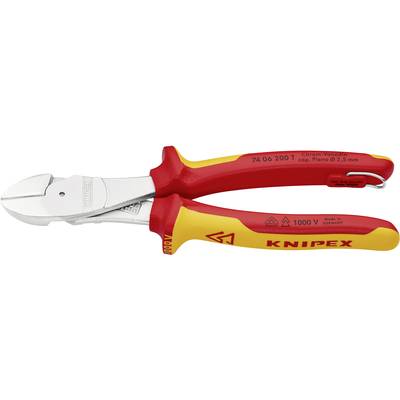 Dargestellt ist ein Knipex Seitenschneider mit roten und gelben Griffen, geeignet für das Schneiden von Drähten bis 2,5 mm.