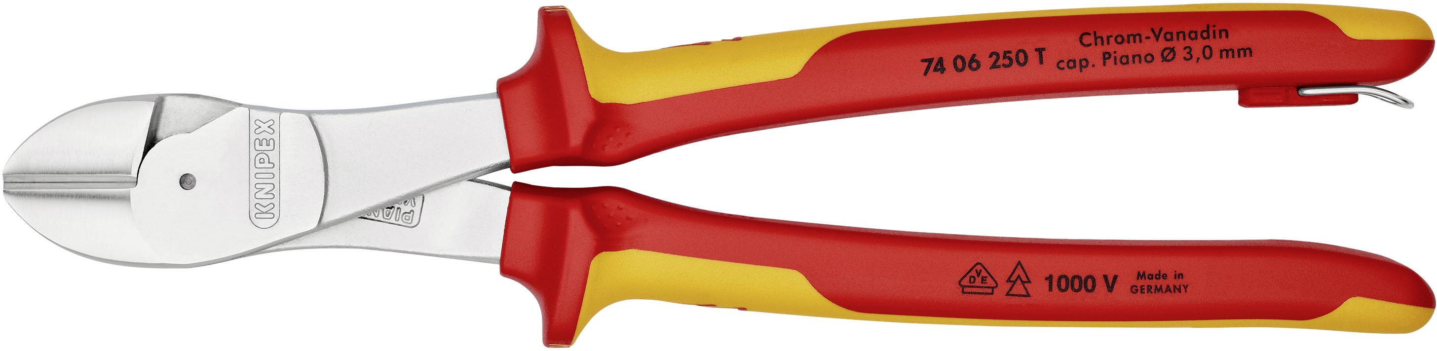 Seitenschneider aus stabilem Chrom-Vanadium-Stahl mit isolierten, rot-gelben Griffen; geeignet für Hochspannungsarbeiten bis 1000 V.