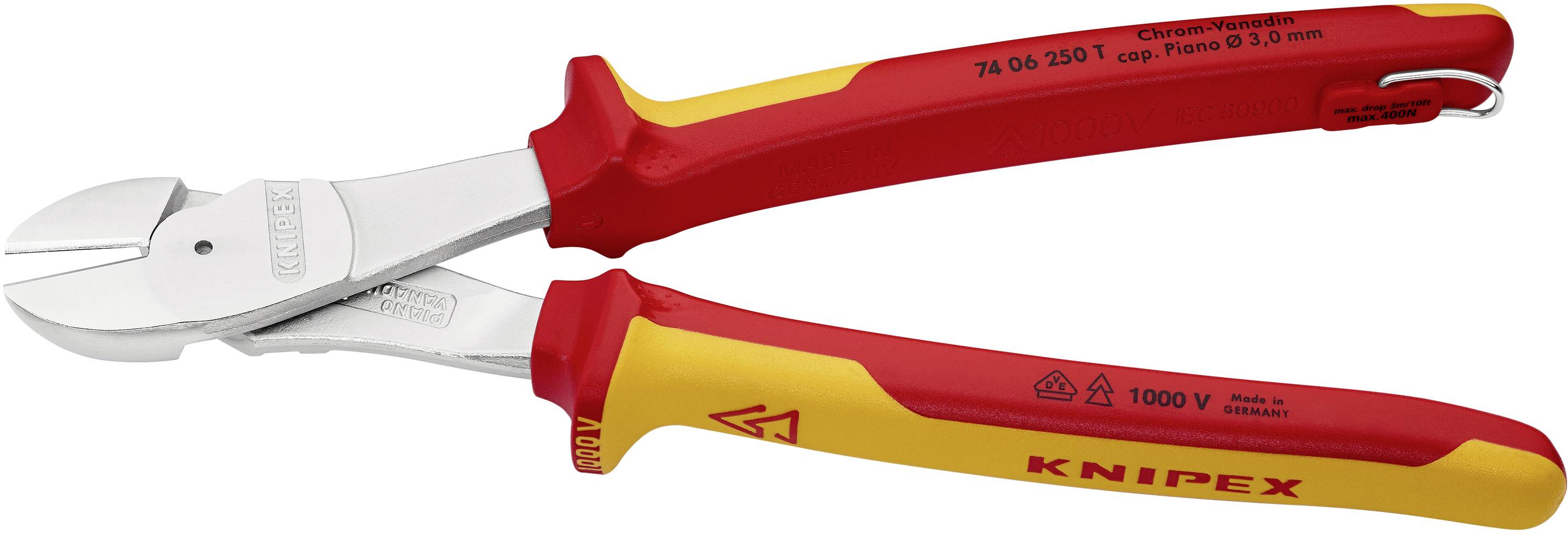 Ein seitenschneider handwerkzeug von knipex, rot-gelber griff, geeignet für spannungen bis 1000 volt, speziell zum schneiden von draht.